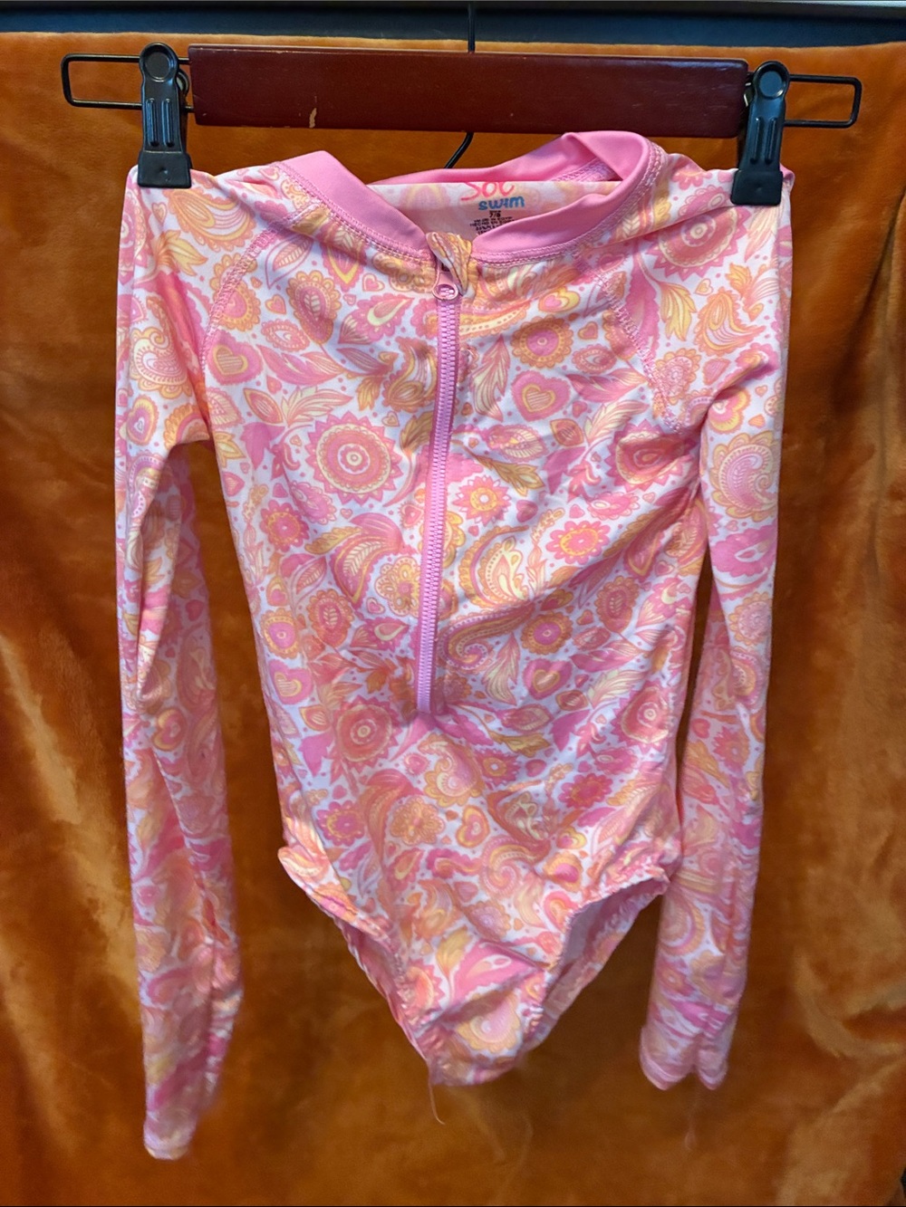 Size 7 SOL Kids Long Sleeve One-Piece Swimsuit - Pink & Peach Paisley